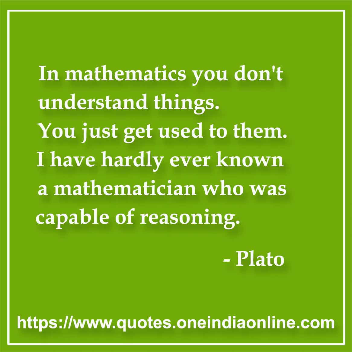 In mathematics you don't understand things. You just get used to them.
I have hardly ever known a mathematician who was capable of reasoning.

- Mathematics Quotes by Plato 